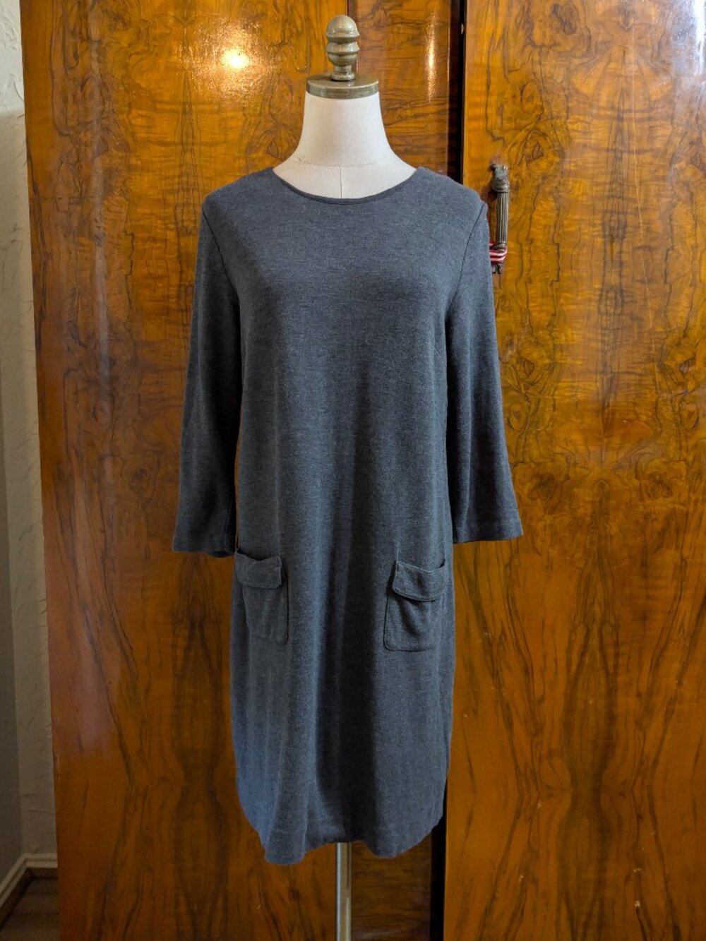 J. Jill Grey Heathered Ponte Tunic Dress Size M 3/4 Sleeve Pockets Minimalist Co
